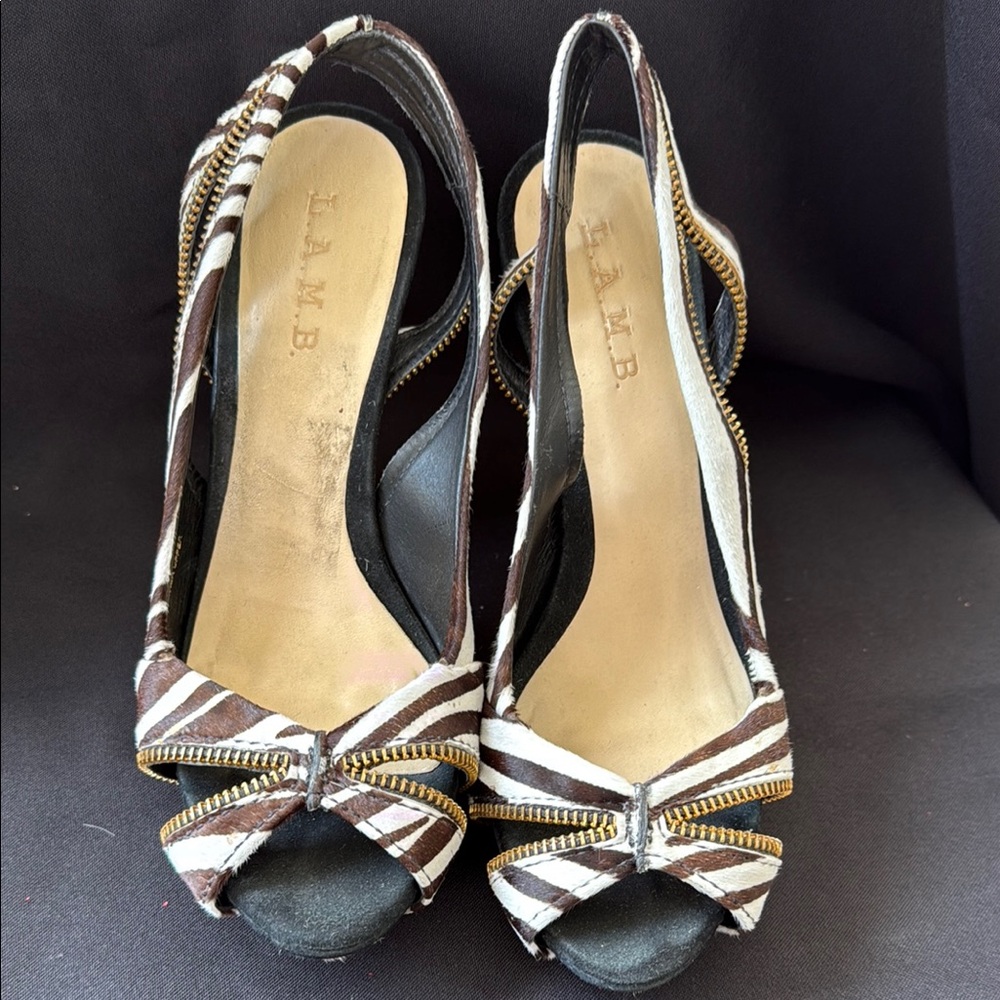 L.A.M.B. Brown and White Heels with Peep-Toe and Bow